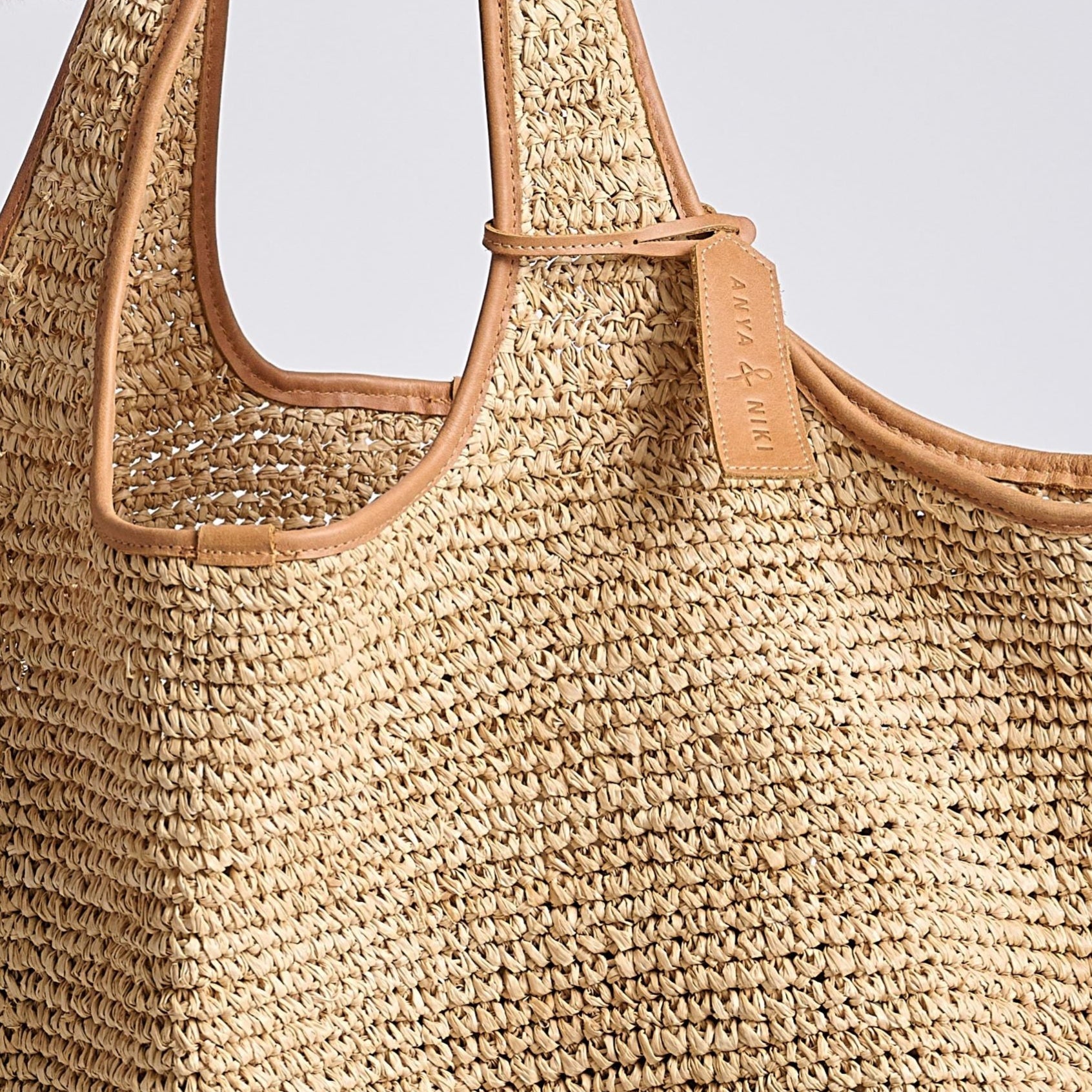 Crocheted Raffia Straw Tote Bag – Tan Leather Trim | The Biscayne