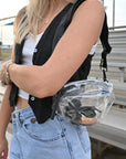 Person wearing the clear orlando stadium belt bag