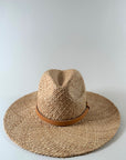 Straw panama hat with a tan leather band.
