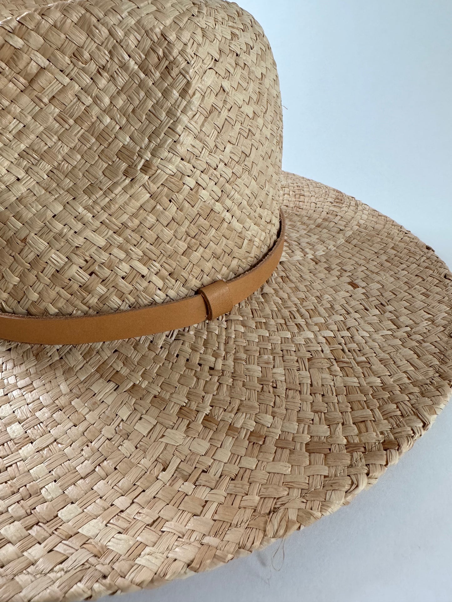 Close up of Straw panama hat with a tan leather band.