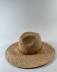 Straw panama hat with a tan leather band.