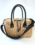 Medium sized hyancinth straw bag with black leather handles and black crossbody strap