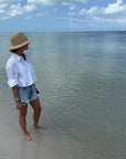 Person standing on a beach wearing a straw hat with clear water and blue sky
