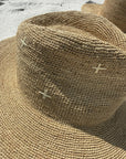 Close-up of a woven straw hat with visible stitching details.