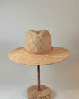 Straw panama hat with a tan leather band.