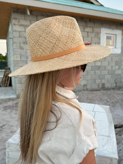 Person wearing straw panama hat with a tan leather band.