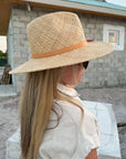 Person wearing straw panama hat with a tan leather band.