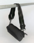 black nylon belt bag with black crossbody strap with shiny black leather detail