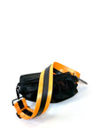 Black mesh belt bag with orange crossbody strap with black leather detail