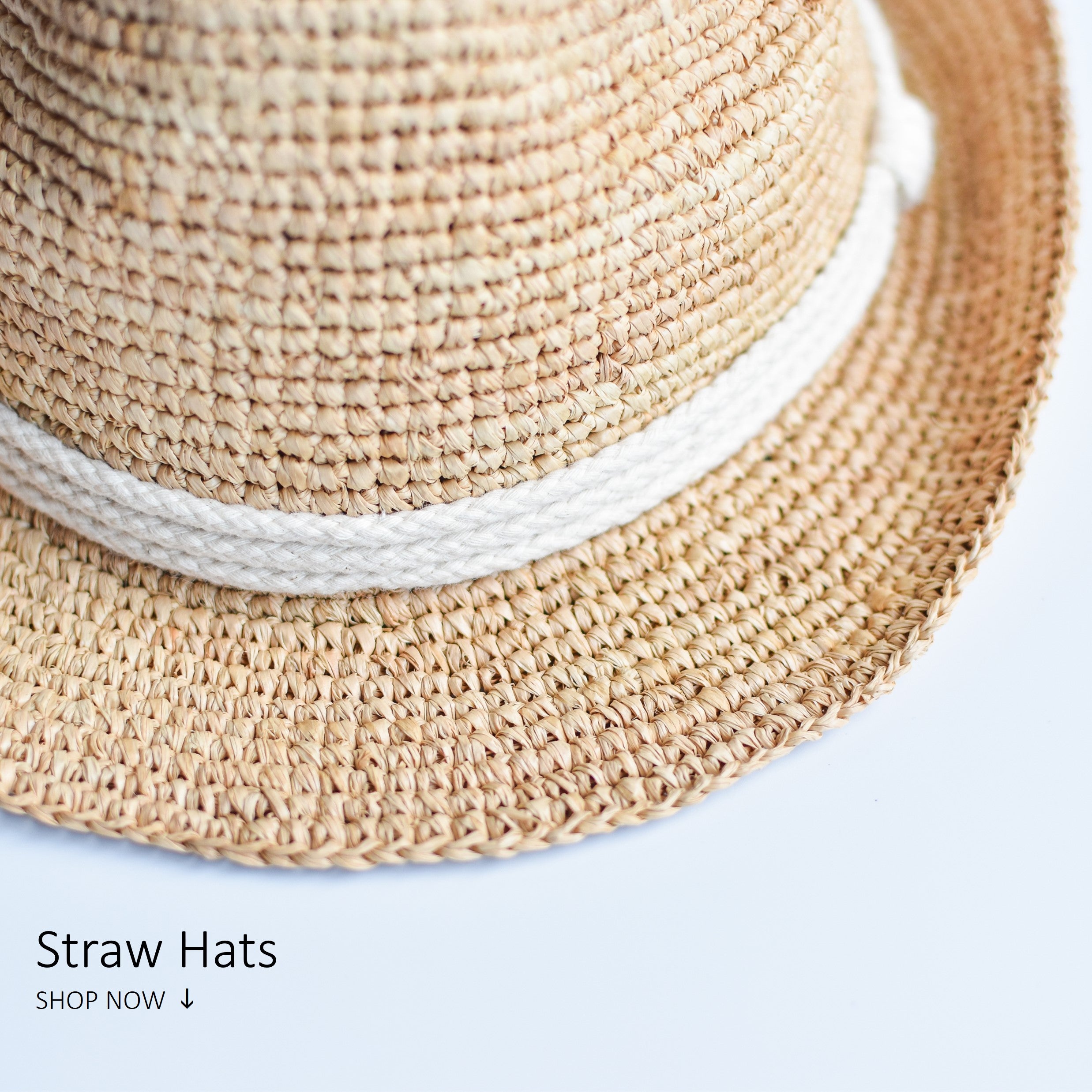 Close-up image of the Essential Raffia Straw Hat with rope band
