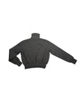 Back of a dark gray knit jacket on a white background
