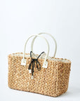medium natural hyacinth straw tote with linen cinch top