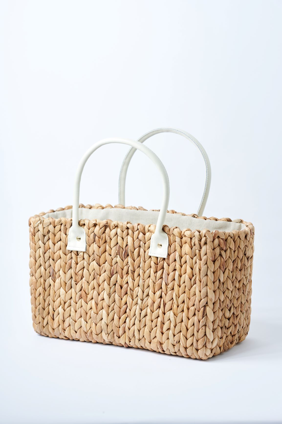 medium natural hyacinth straw tote with linen cinch top