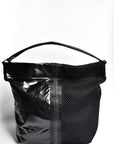 Black mesh and glossy vinyl sporty tote bag with black leather and webbing details.