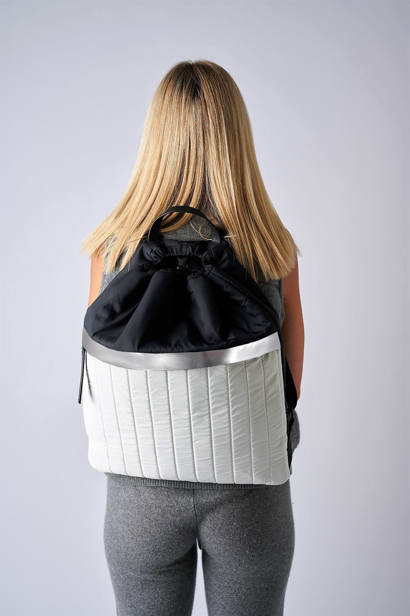 black and white non-leather backpack Lightweight Nylon Cinch Backpack with Silver Trim