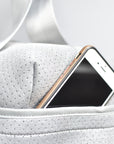 Close up of side pocket on the Callahan light gray perforated neoprene duffel bag.
