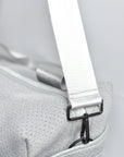 Close up of side pocket and cross-body strap on the Callahan light gray perforated neoprene duffel bag.