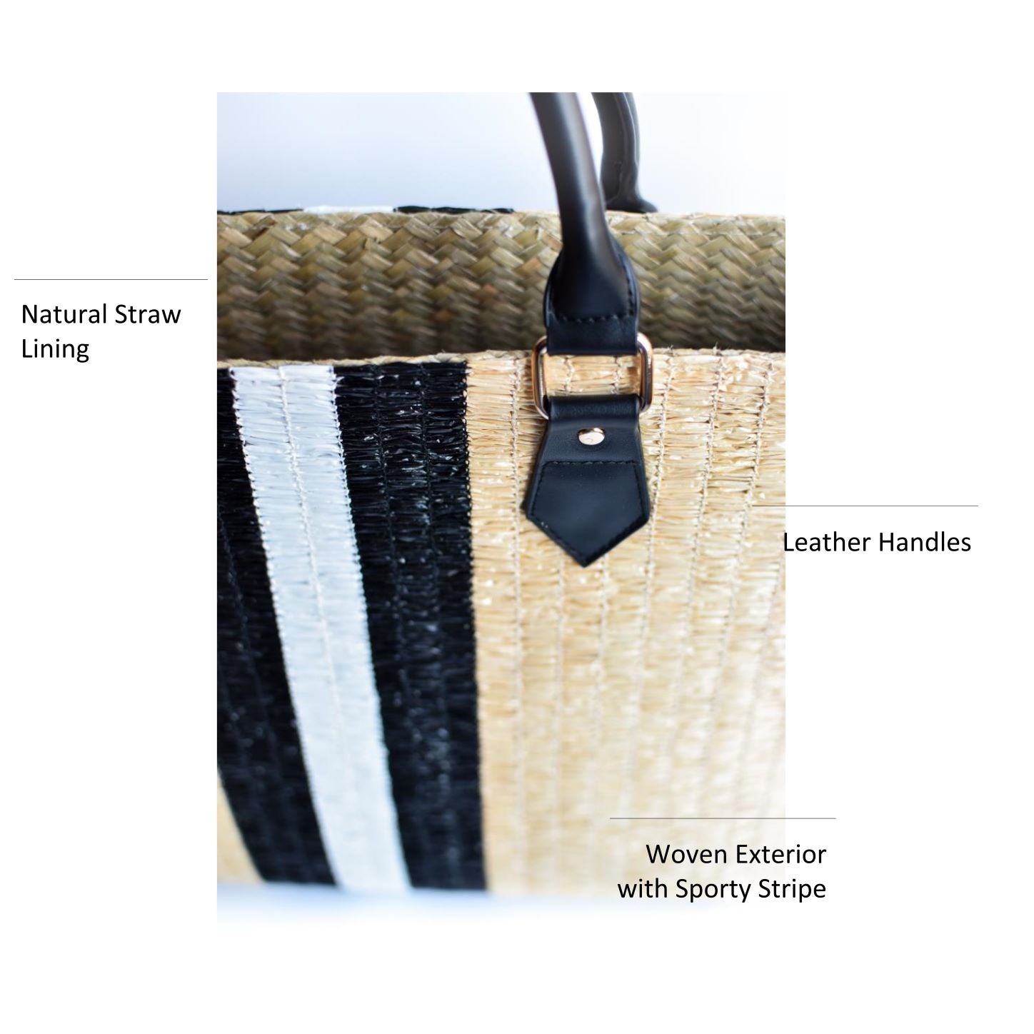 Benicia straw tote bag with black leather handles and black & white center stripe.