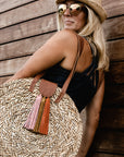 person wearing seagrass round straw bag with leather handles and suede tassel closure and crochet straw fedora.