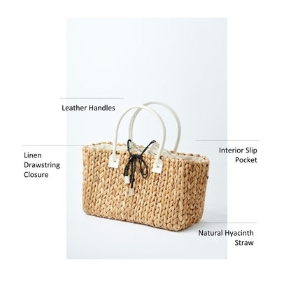 medium natural hyacinth straw tote with linen cinch top