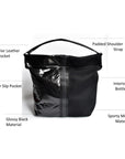 Black mesh and glossy vinyl sporty tote bag with black leather and webbing details.