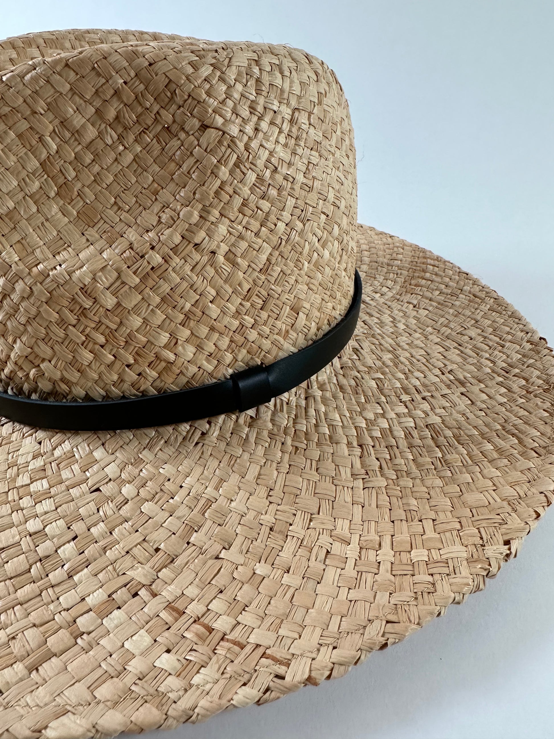 Close up of Straw panama hat with a black leather ba