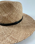 Close up of Straw panama hat with a black leather ba