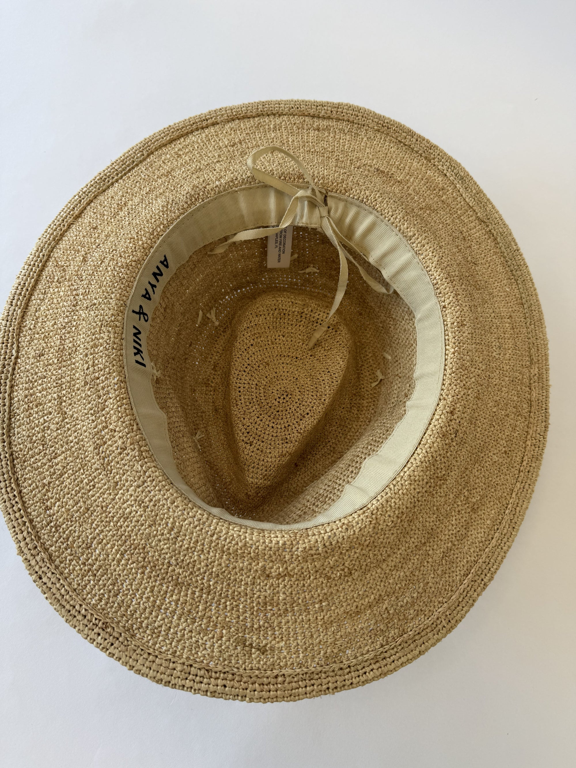 Inside adjustable strap on straw hat on a white background