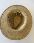 Inside adjustable strap on straw hat on a white background