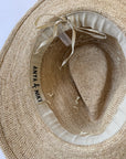 Close up of inside of straw hat with adjustable band