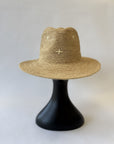 Straw fedora hat with white plus sign embroidery