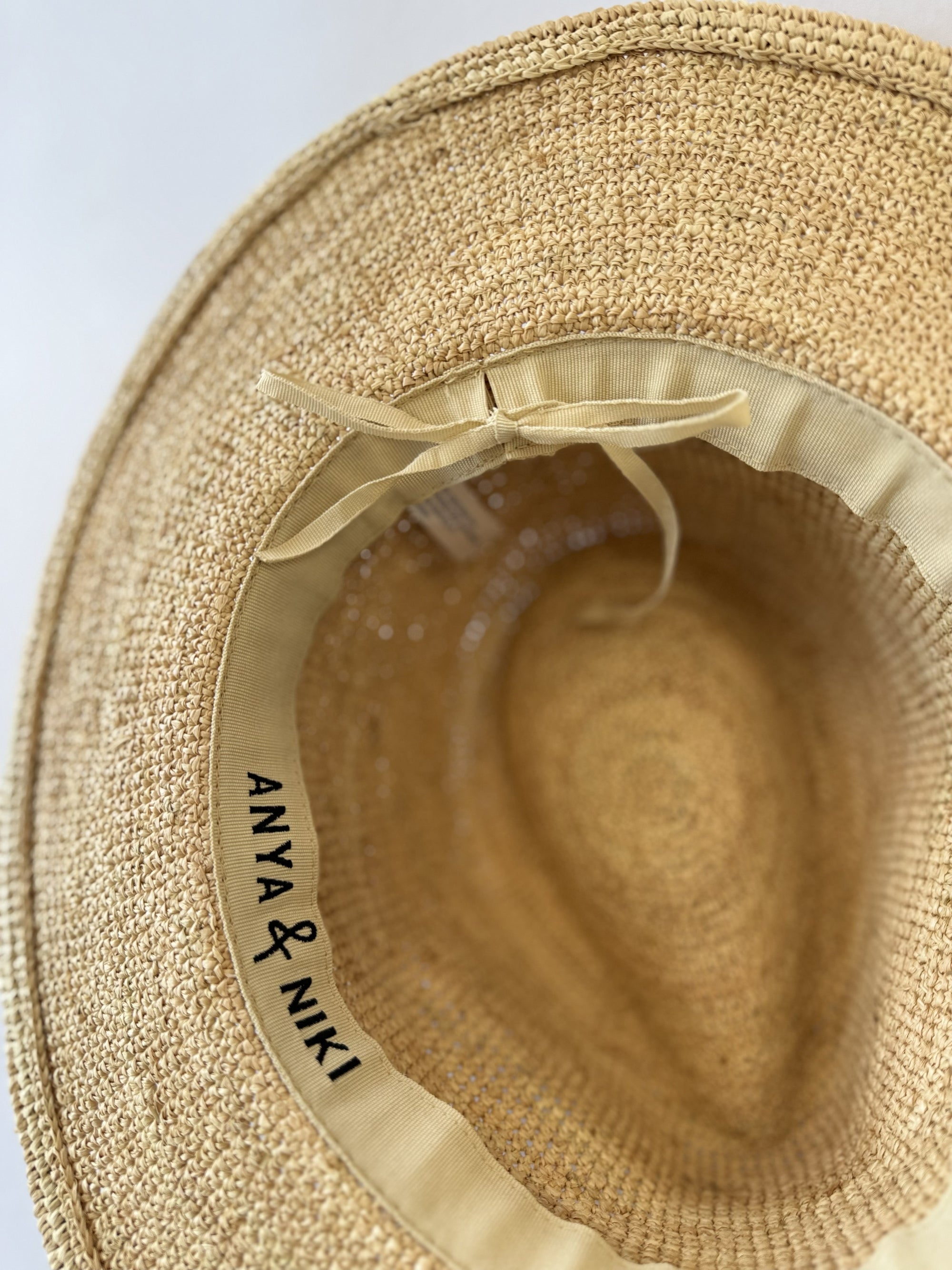 Close up of adjustable band on the inside of a straw fedora hat