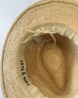 Close up of adjustable band on the inside of a straw fedora hat