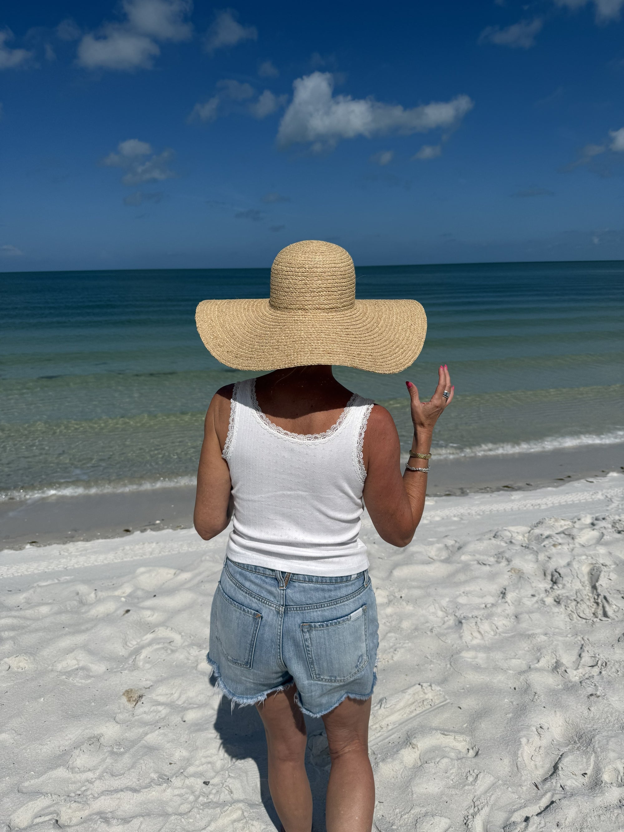 Person wearing a wide-brimmed hat standing on a beach.