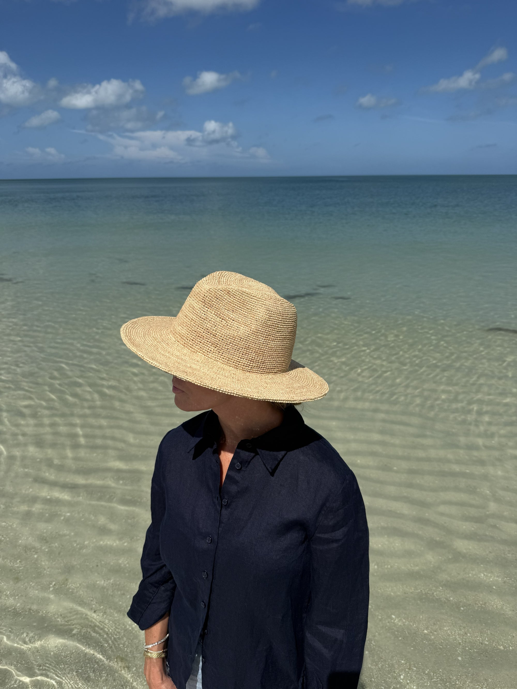 Person wearing a straw hat and dark shirt standing on a beach with clear water and blue sky.