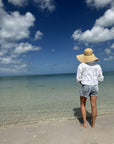 Person wearing a wide-brimmed hat standing in on a beach.