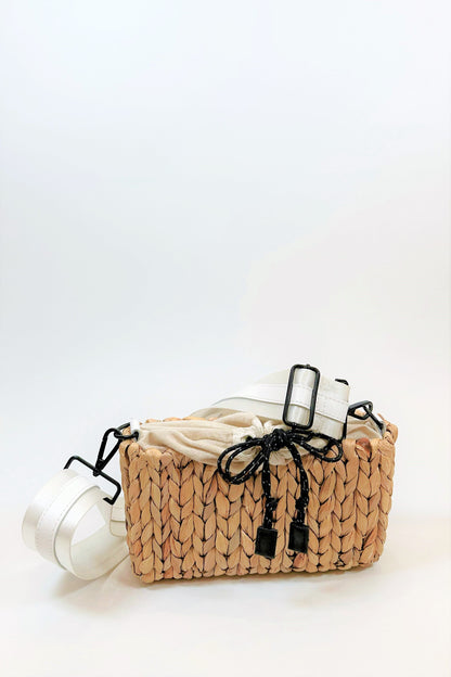 Mini straw bag with white crossobdy strap with leather details