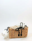 Mini straw bag with white crossobdy strap with leather details