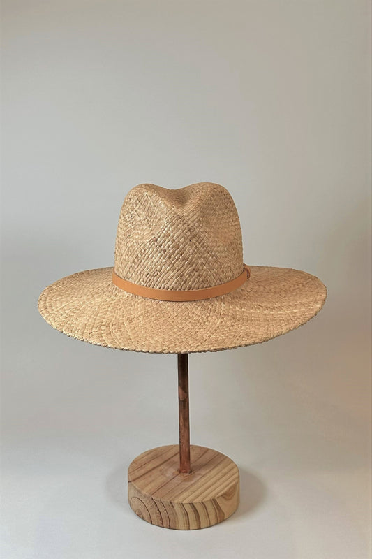 Straw panama hat with a tan leather band.