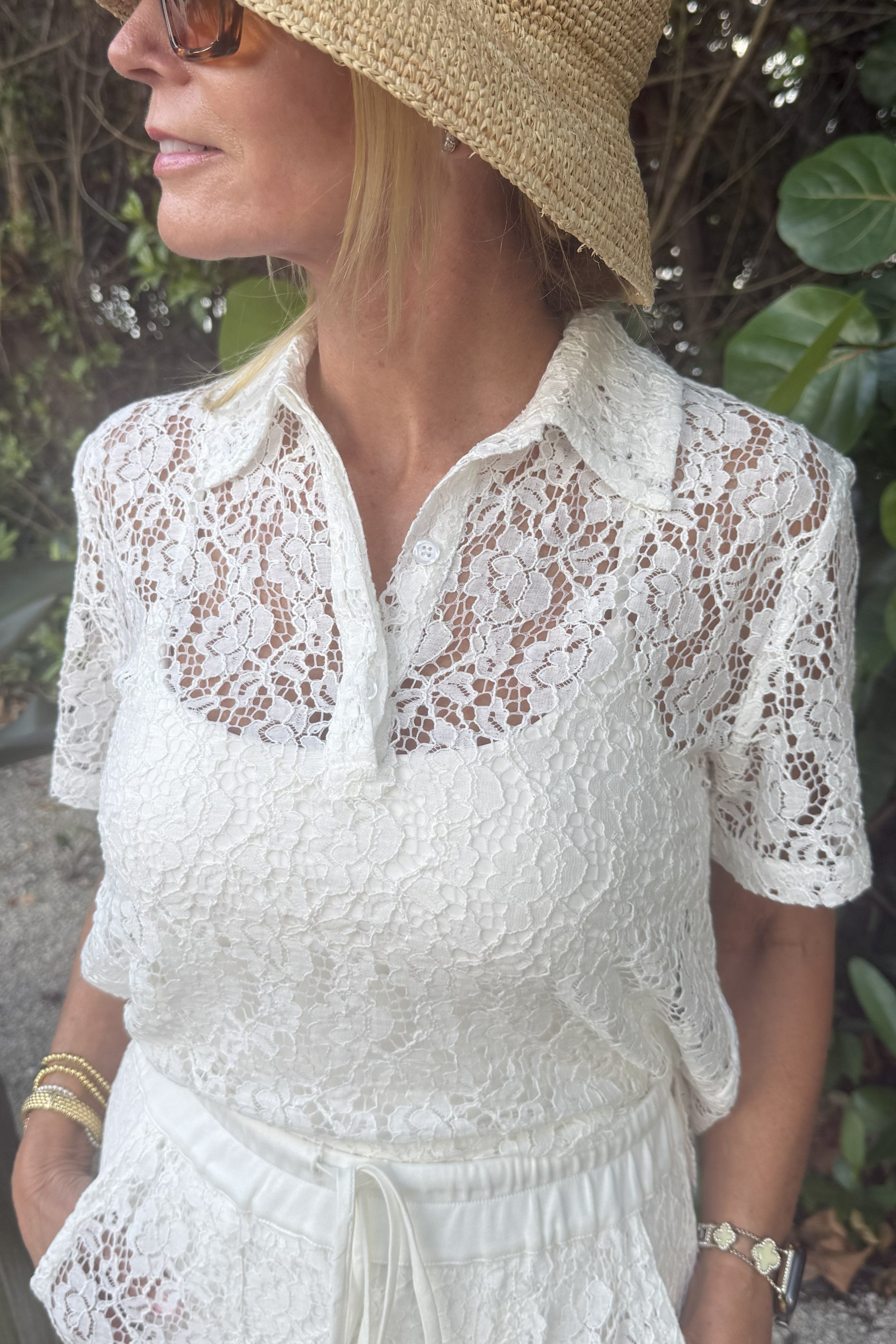 Women's White Lace Polo Shirt - Resort Wear | Folsom Lace Top