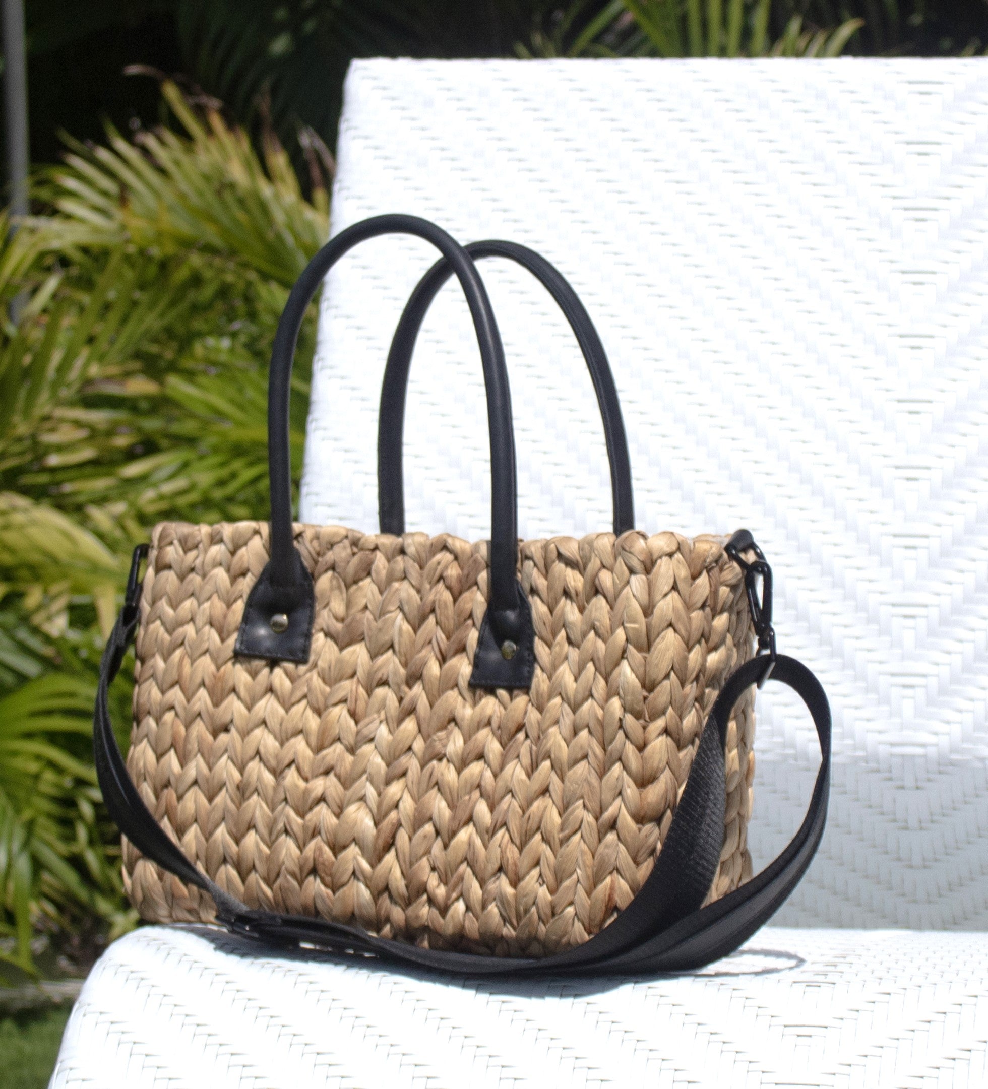 Mid-sized Hyacinth Straw Bag with black leather handles