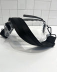 Clear belt bag with black crossbody strap with black leather detail