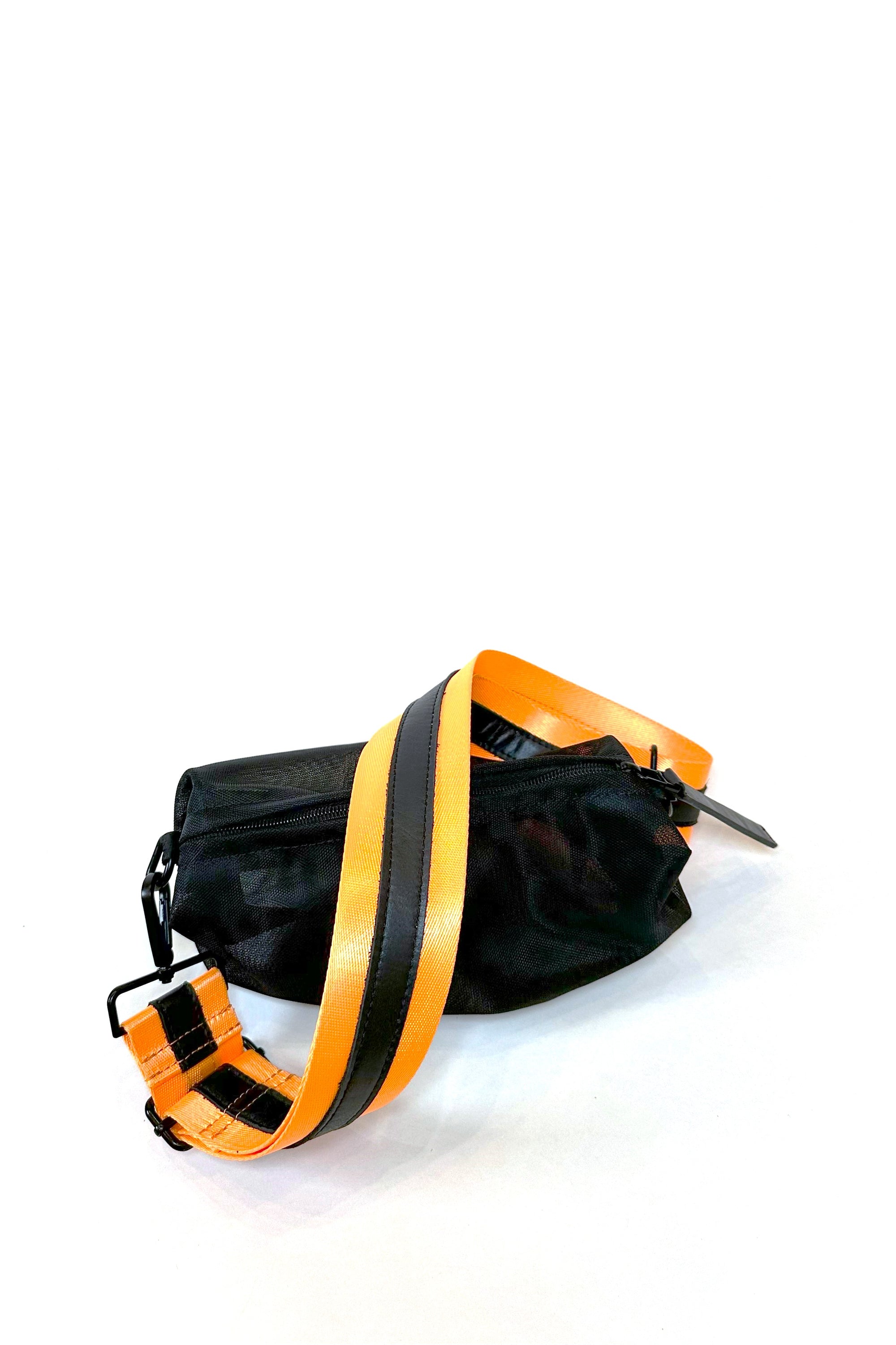 Black mesh belt bag with orange crossbody strap with black leather detail