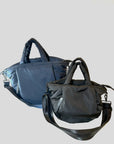 collection of 2 nylon puffy tote bags with crossbody strap: navy large and black medium