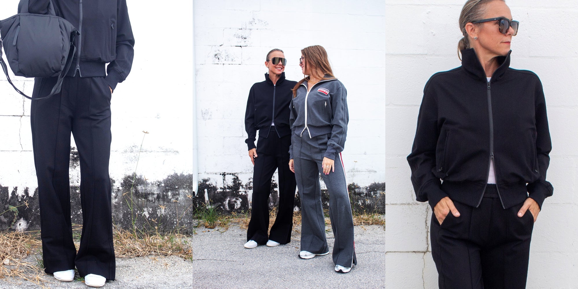 Woman in black tracksuit with gray jacket against a white wall.