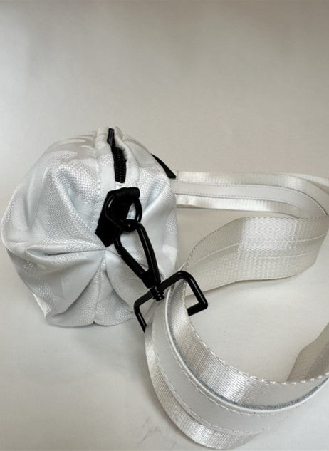 The Orlando Crossboy Belt Bag in White Camoflage with white nylon strap and white and black leather details