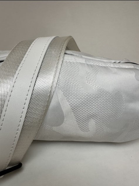 The Orlando Crossboy Belt Bag in White Camoflage with white nylon strap and white and black leather details