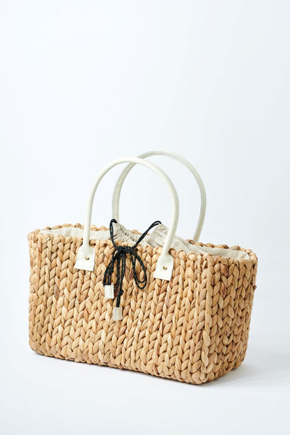 medium natural hyacinth straw tote with linen cinch top