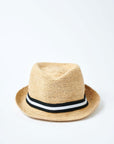 Natural colored crochet straw fedora hat with black & white stripe band.