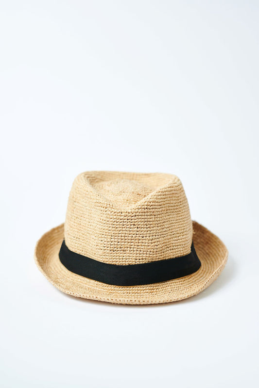 Natural colored crochet straw fedora hat with black band.